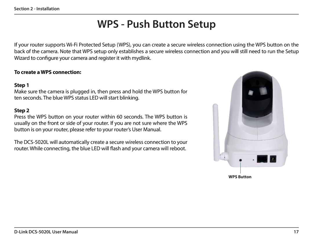 D-Link DCS5020L user manual WPS Push Button Setup, To create a WPS connection Step 