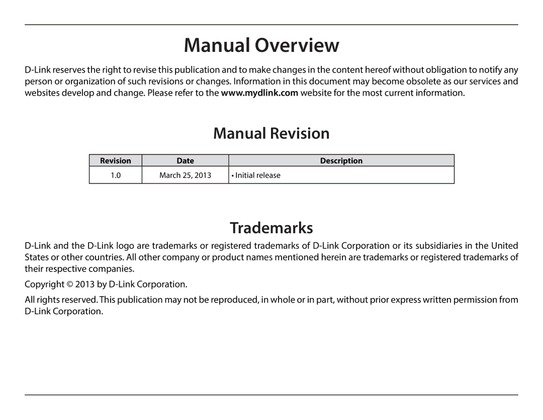 D-Link DCS5020L user manual Manual Overview, Manual Revision, Trademarks, Revision Date Description, Initial release 