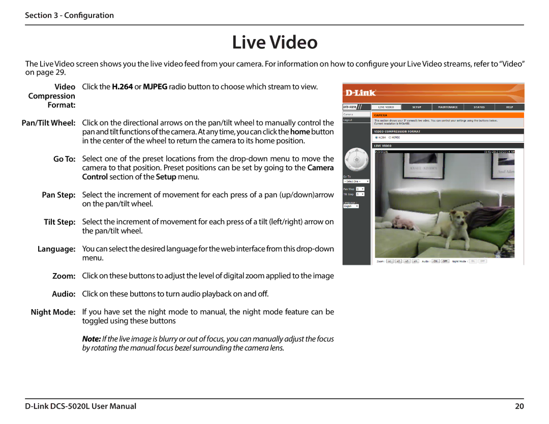 D-Link DCS5020L user manual Live Video, Compression Format 