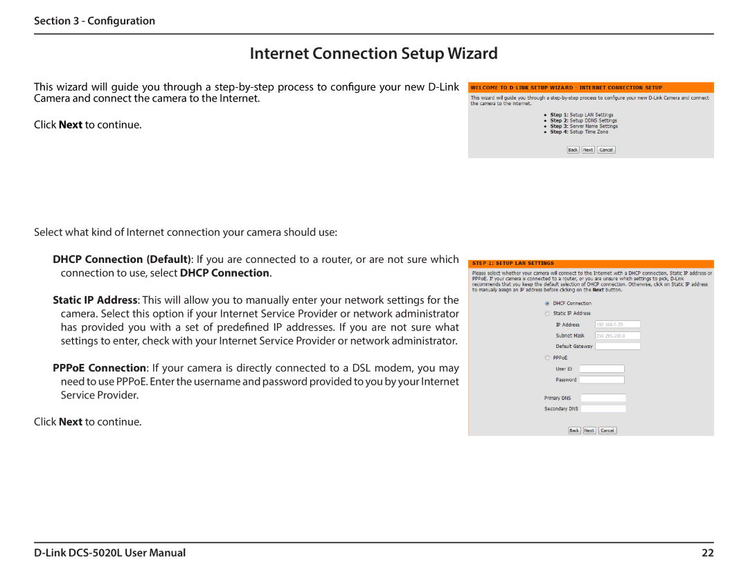 D-Link DCS5020L user manual Internet Connection Setup Wizard 