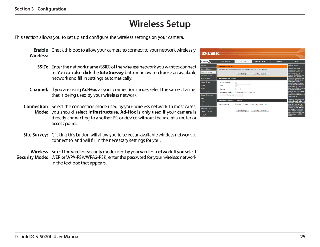 D-Link DCS5020L user manual Wireless Setup 