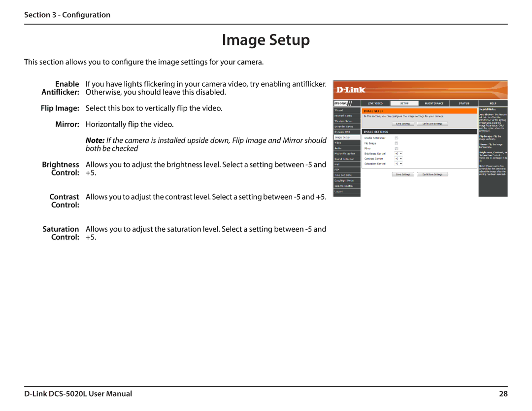 D-Link DCS5020L user manual Image Setup, Control 