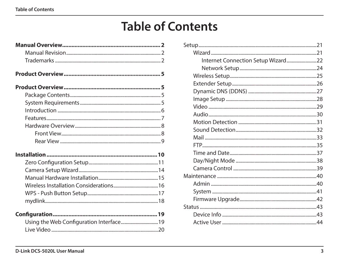 D-Link DCS5020L user manual Table of Contents 