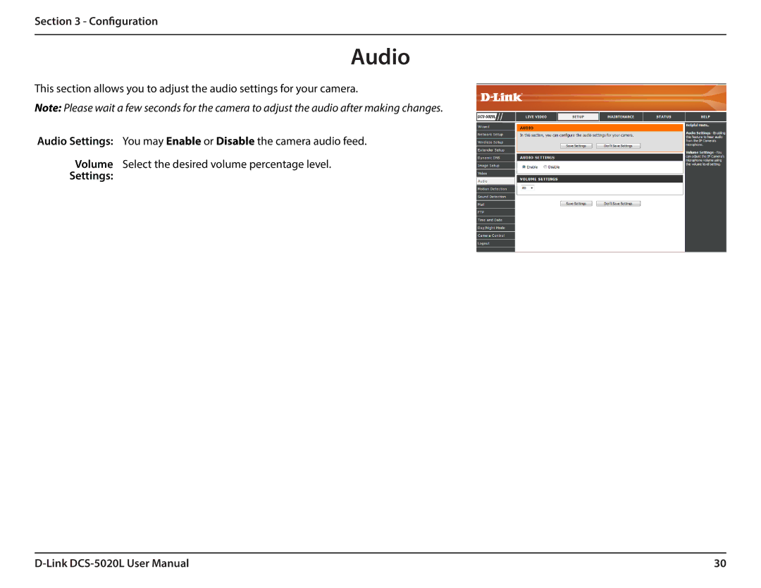 D-Link DCS5020L user manual Audio, Settings 