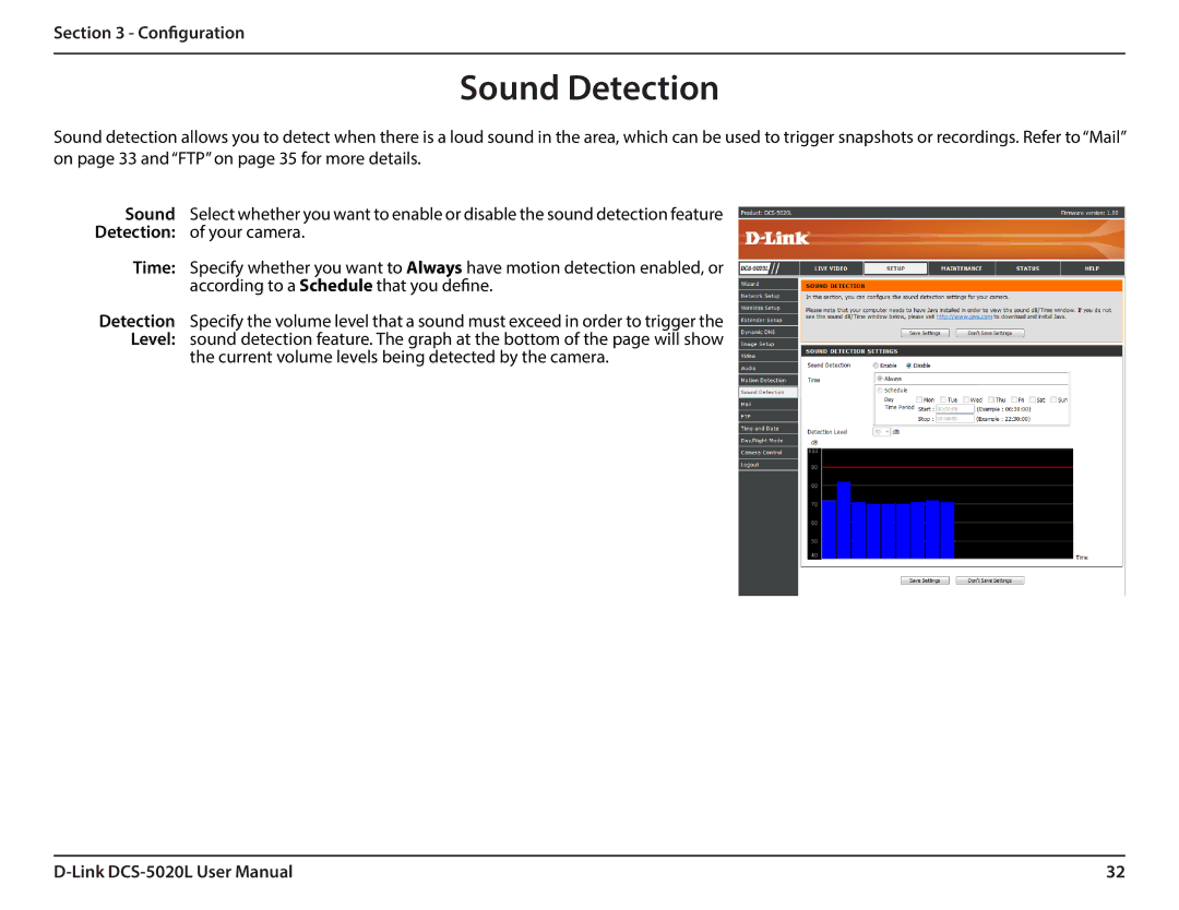 D-Link DCS5020L user manual Sound Detection 