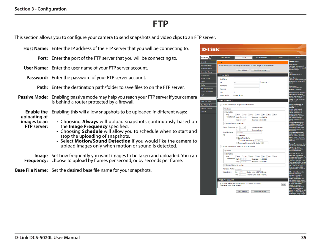 D-Link DCS5020L user manual Ftp, FTP server the Image Frequency specified 