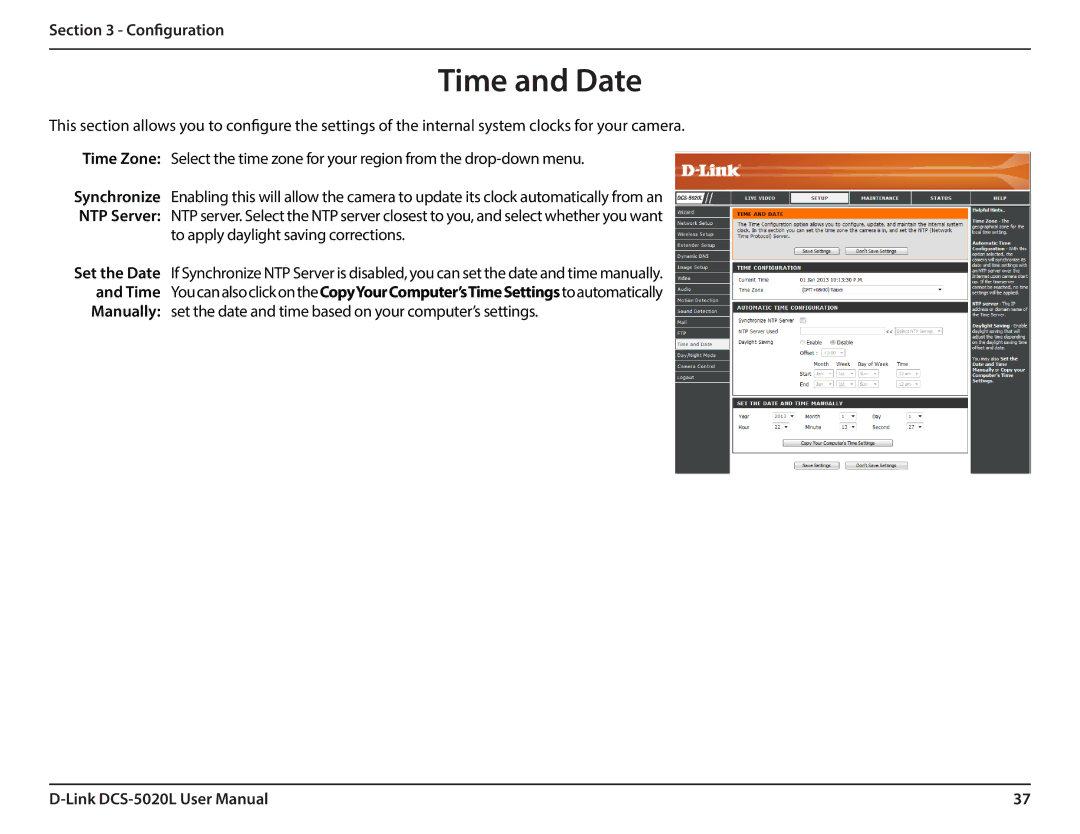 D-Link DCS5020L user manual Time and Date, To apply daylight saving corrections 