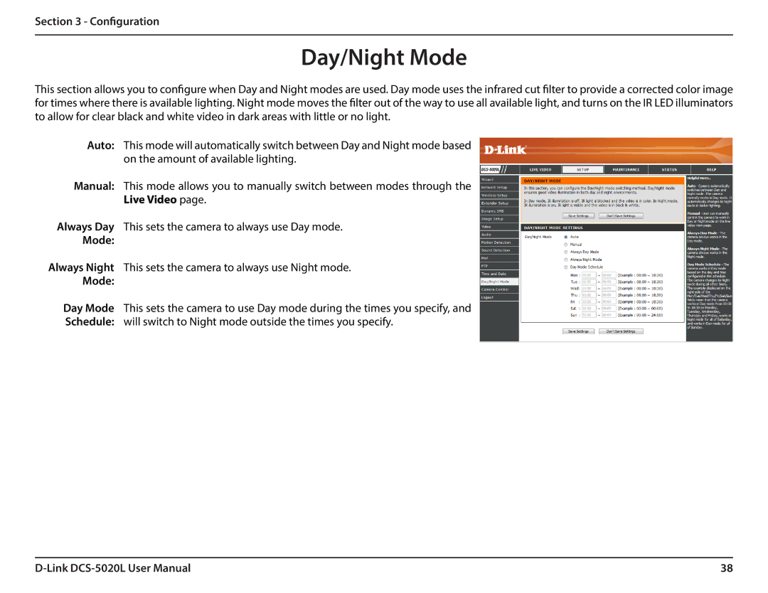 D-Link DCS5020L user manual Day/Night Mode, Live Video 