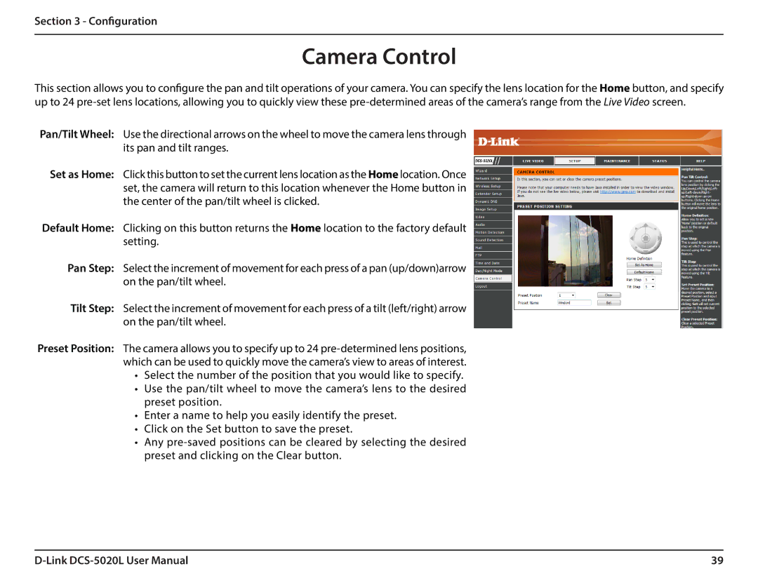 D-Link DCS5020L user manual Camera Control 