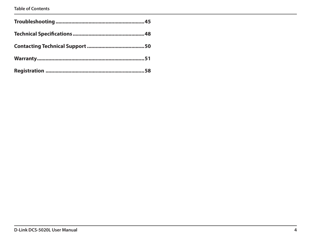 D-Link DCS5020L user manual Table of Contents Troubleshooting Technical Specifications, Warranty Registration 