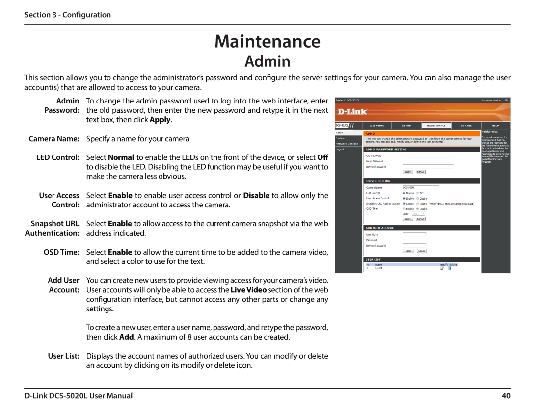 D-Link DCS5020L user manual Maintenance, Admin 