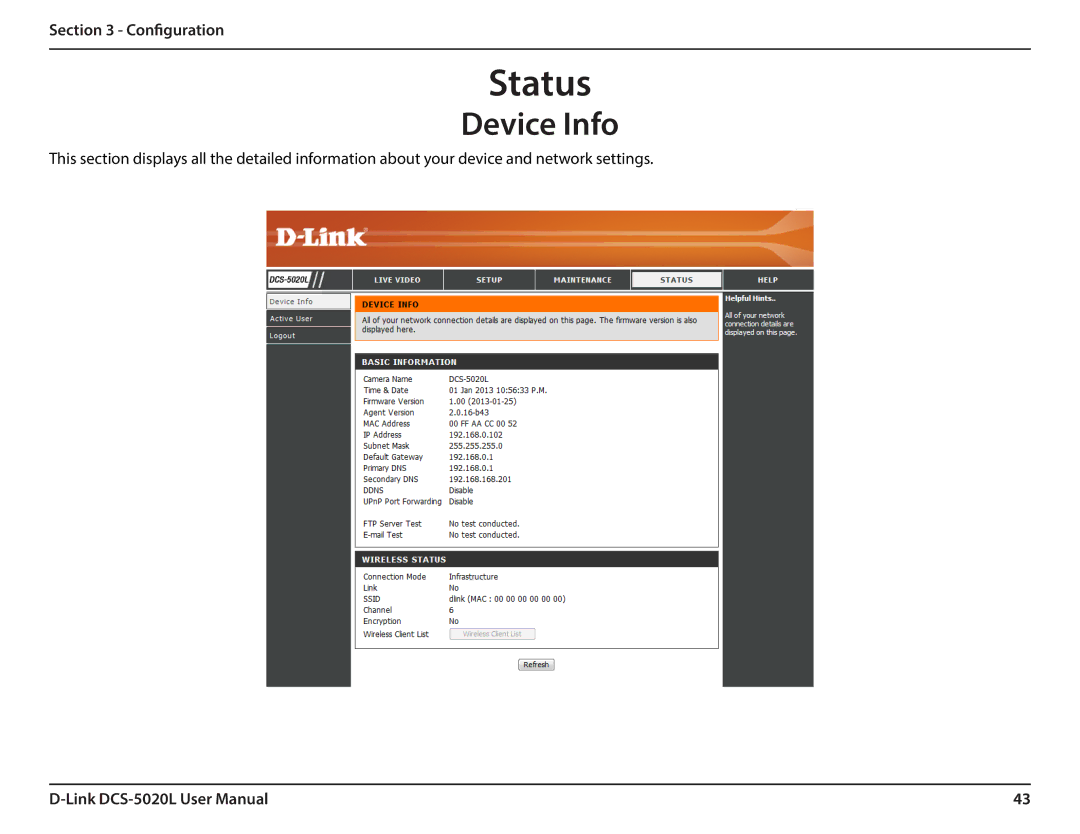 D-Link DCS5020L user manual Status, Device Info 