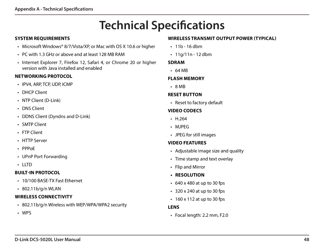 D-Link DCS5020L user manual Appendix a Technical Specifications 