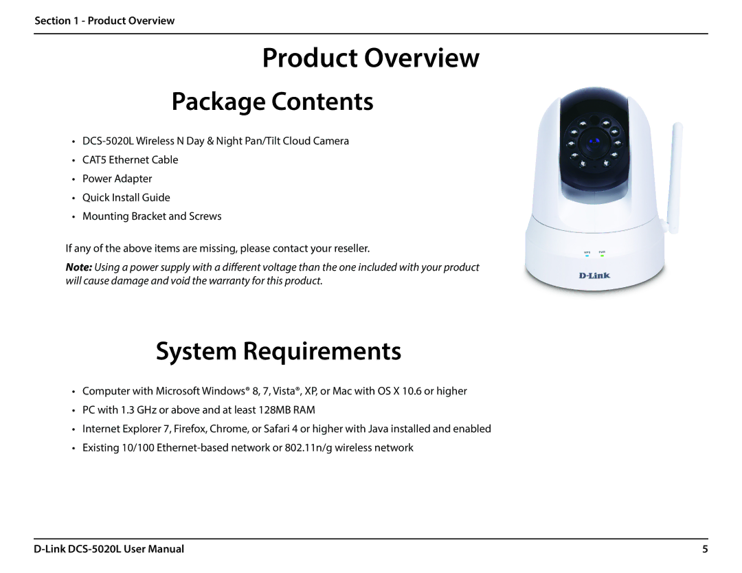 D-Link DCS5020L user manual Product Overview, Package Contents, System Requirements 