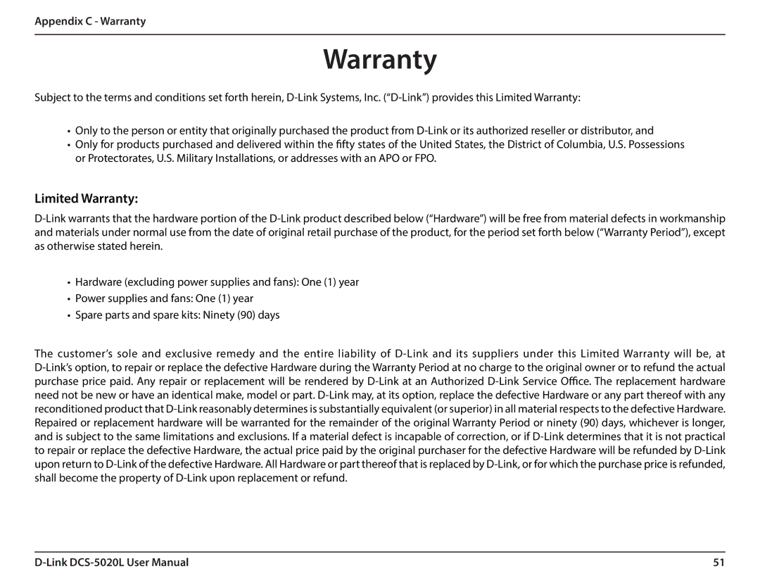 D-Link DCS5020L user manual Limited Warranty, Appendix C Warranty 