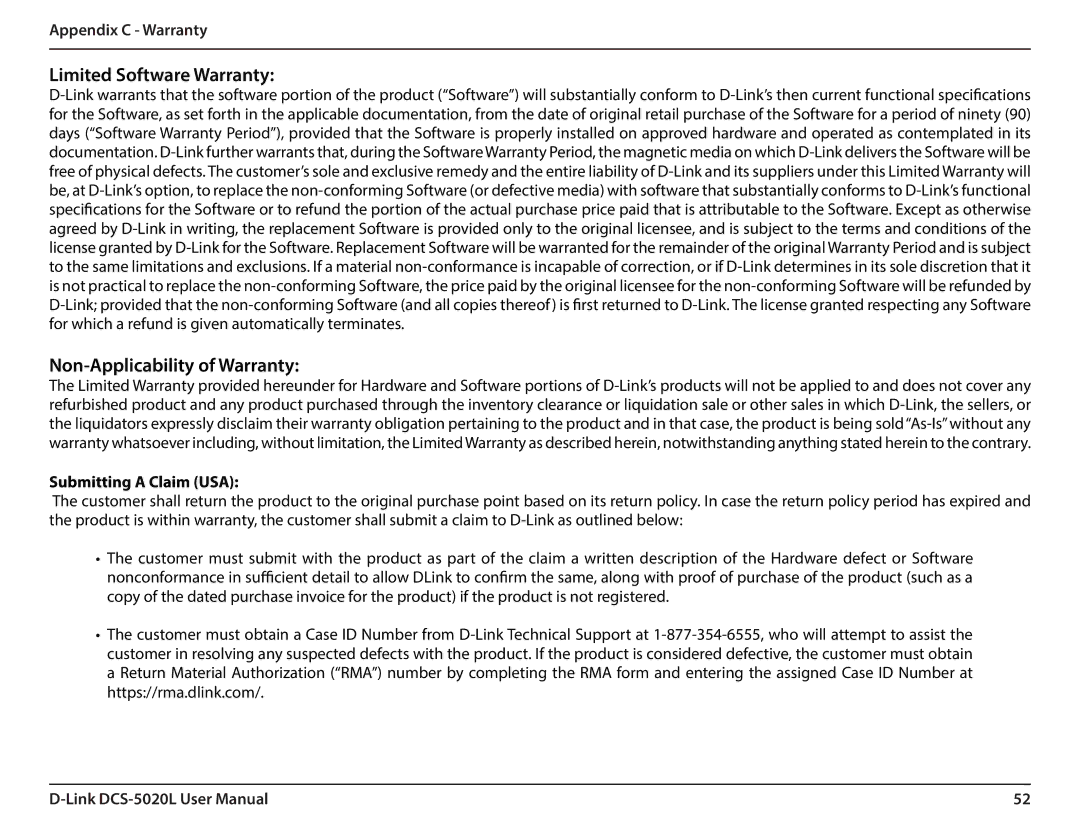 D-Link DCS5020L user manual Limited Software Warranty, Non-Applicability of Warranty, Submitting a Claim USA 