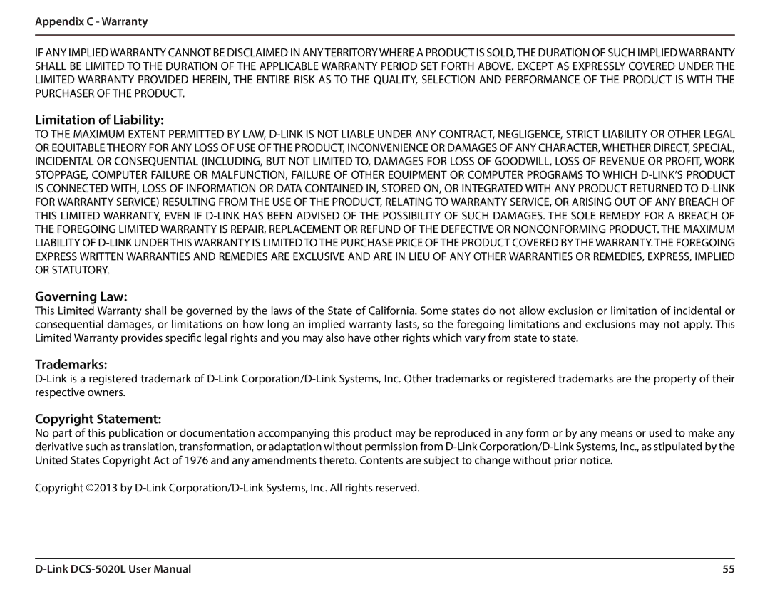 D-Link DCS5020L user manual Limitation of Liability, Governing Law, Trademarks, Copyright Statement 