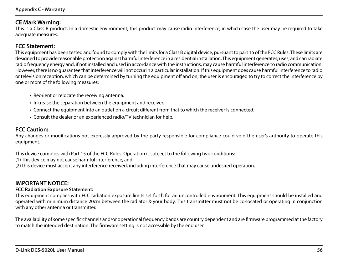 D-Link DCS5020L user manual CE Mark Warning, FCC Statement, FCC Caution, FCC Radiation Exposure Statement 