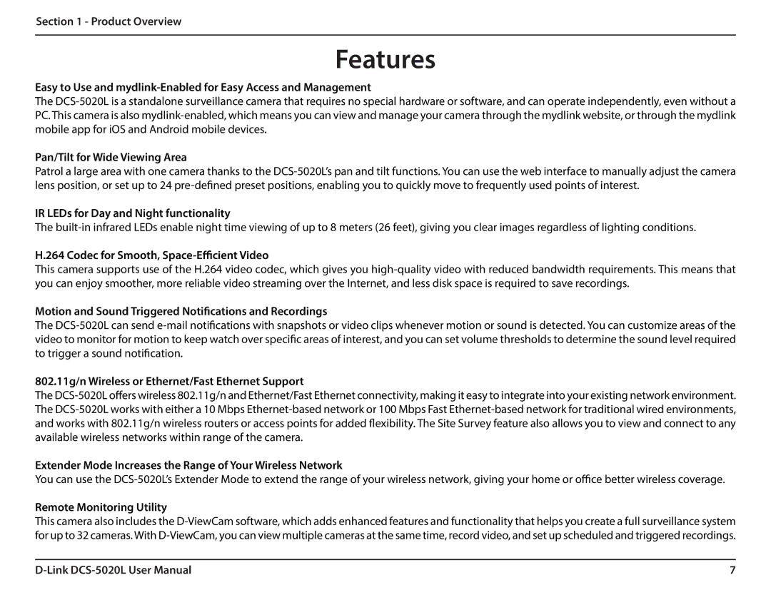 D-Link DCS5020L user manual Features 