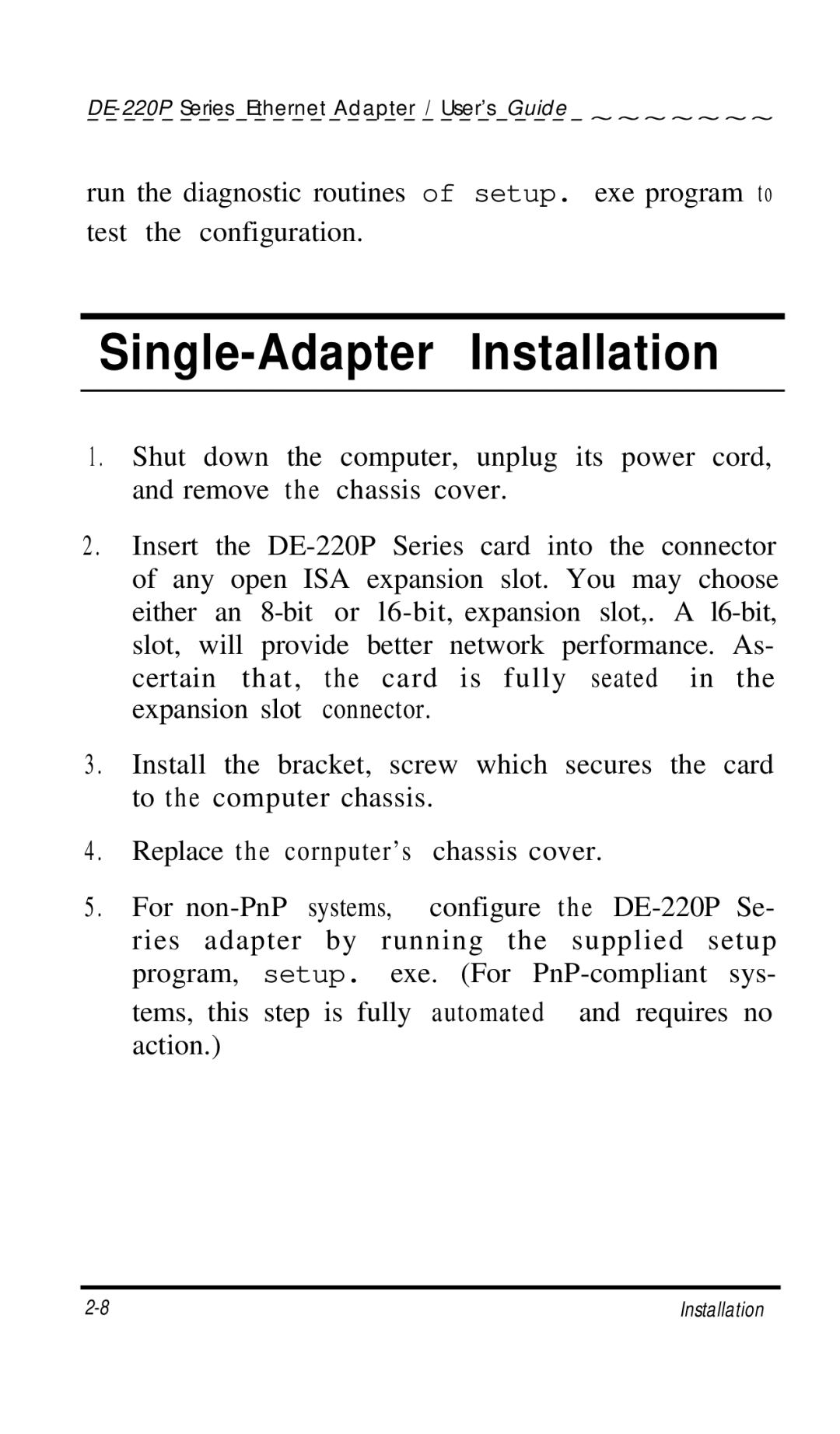 D-Link DE-220P manual Single-Adapter Installation 