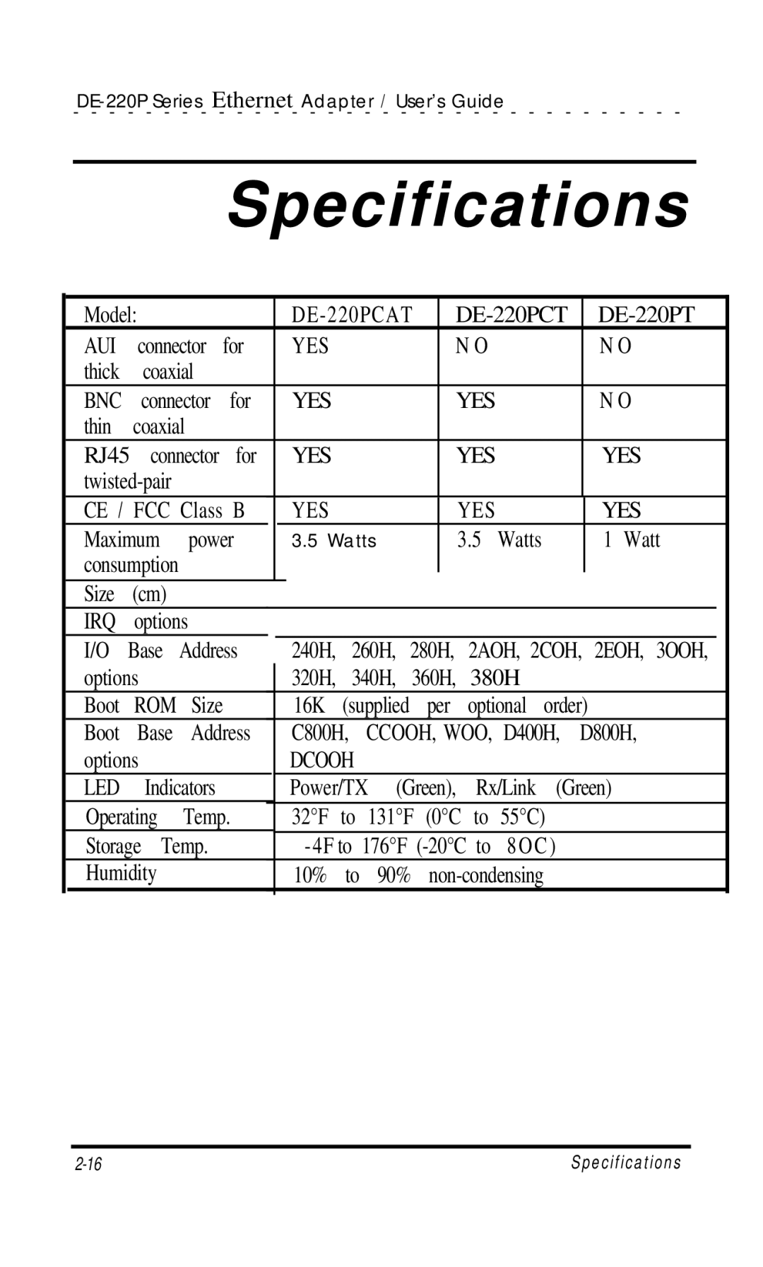 D-Link DE-220P manual Specifications 