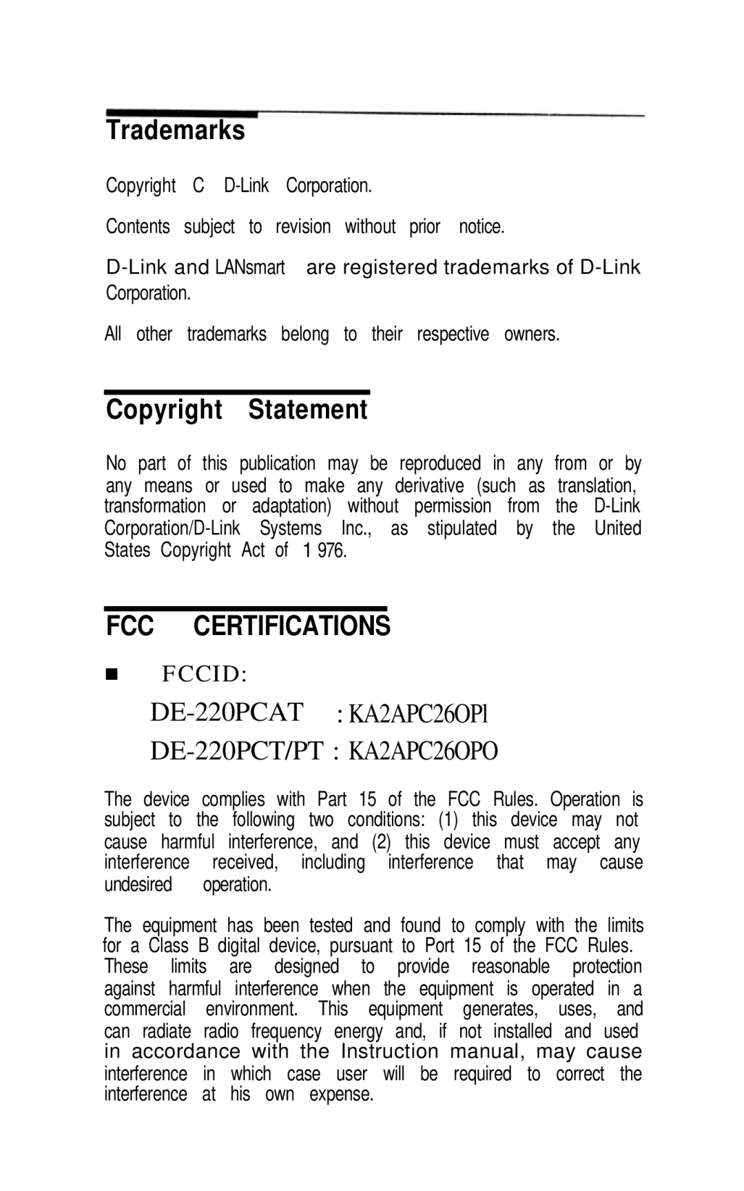 D-Link DE-220P manual FCC Certifications 