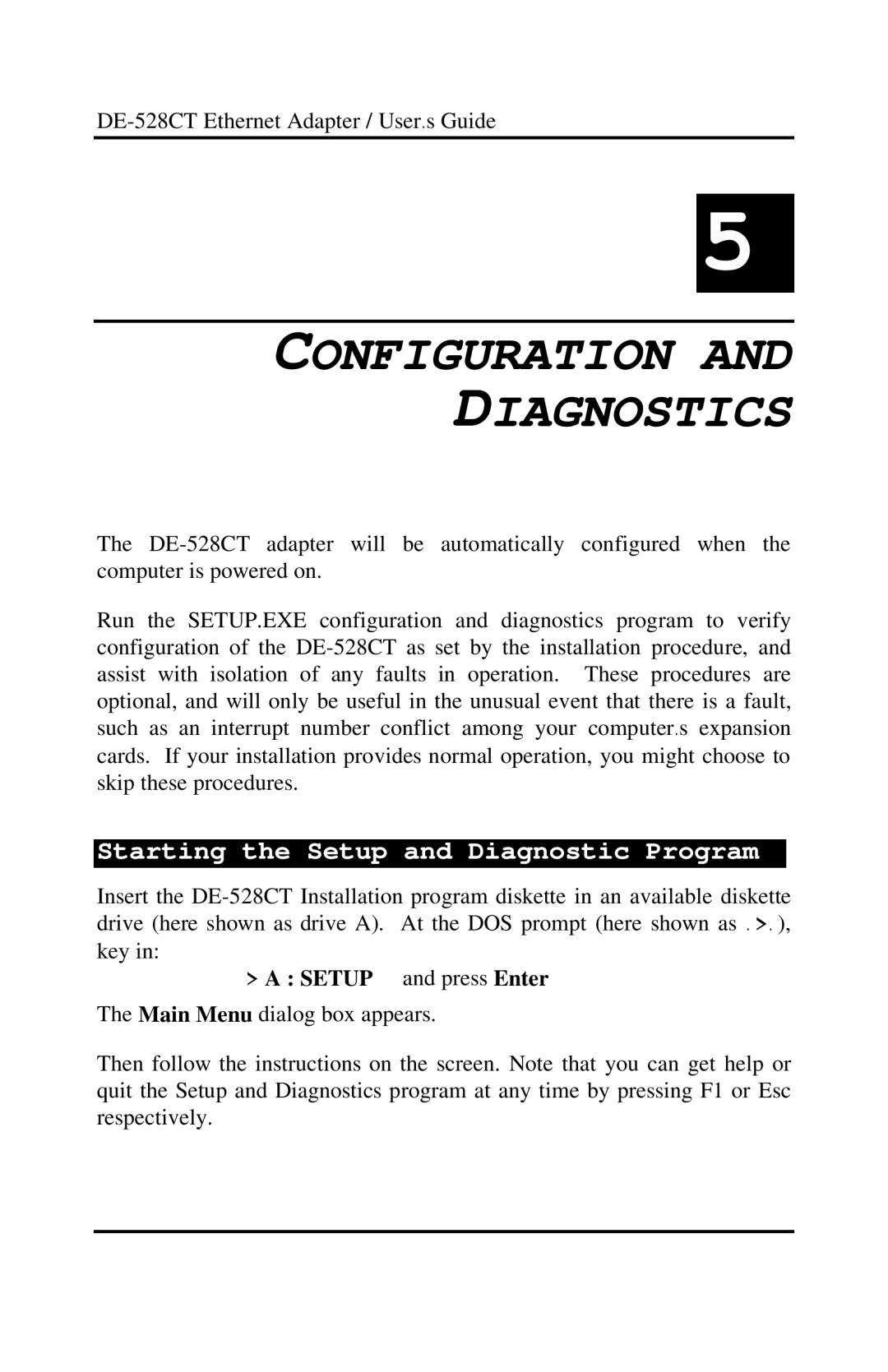 D-Link DE-528CT manual Configuration Diagnostics, Starting the Setup and Diagnostic Program 