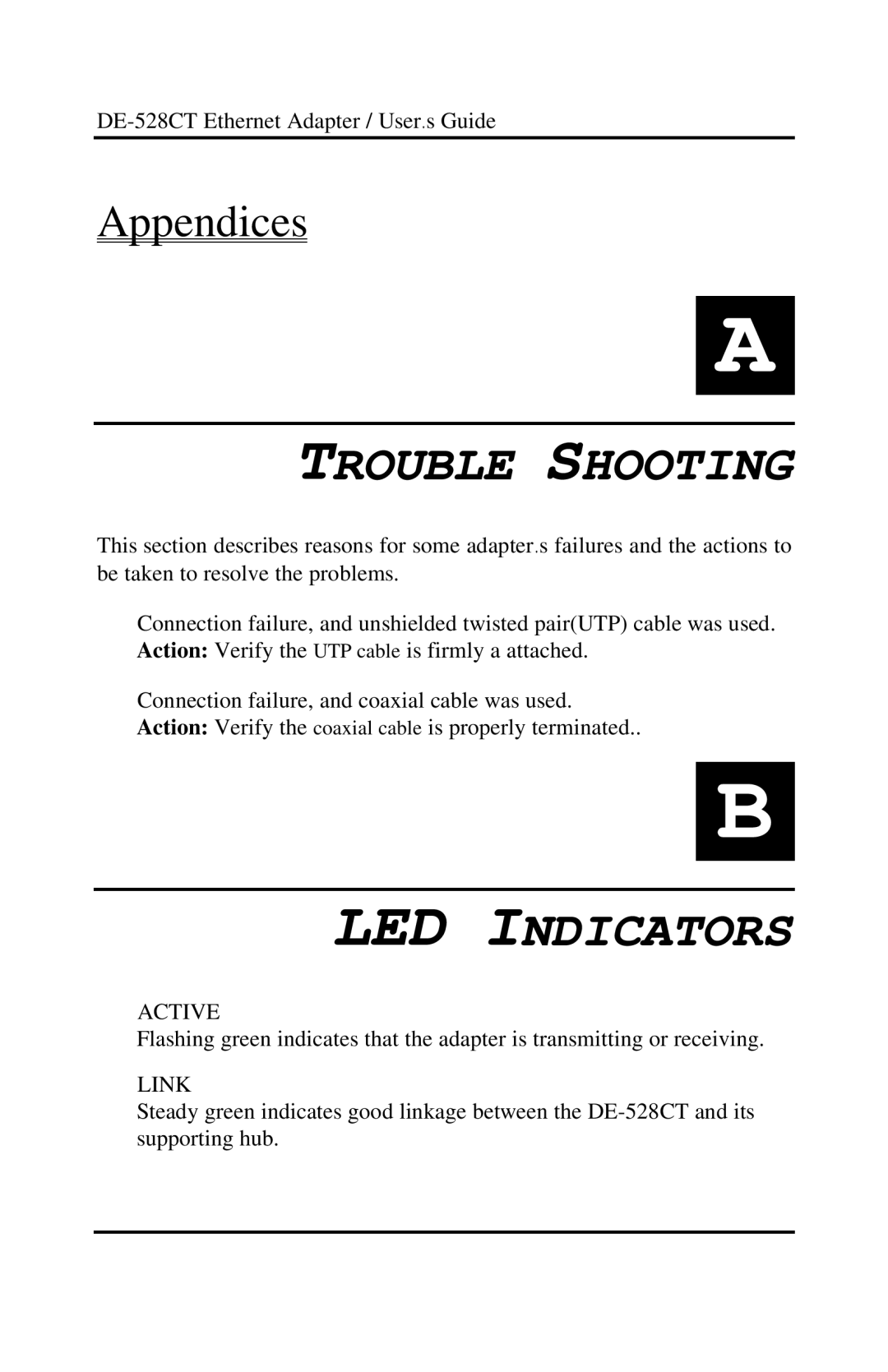 D-Link DE-528CT manual Trouble Shooting, LED Indicators 