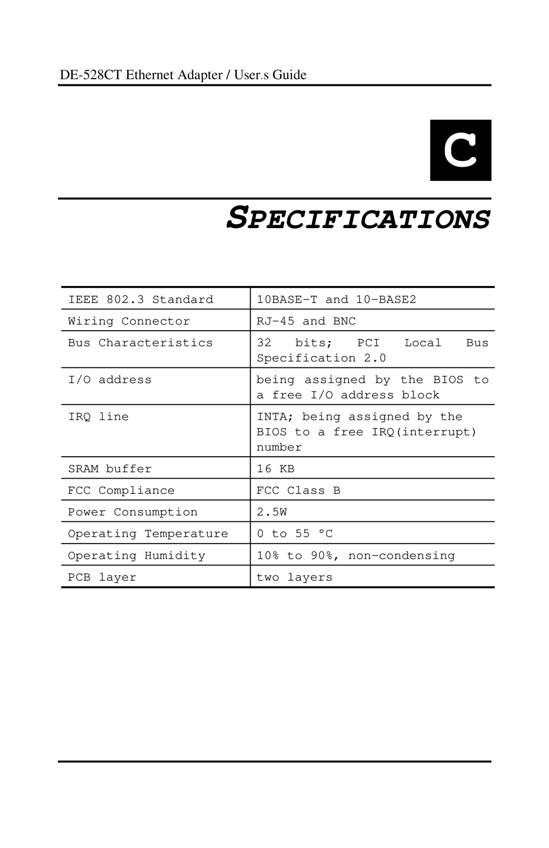 D-Link DE-528CT manual Specifications, Pci 