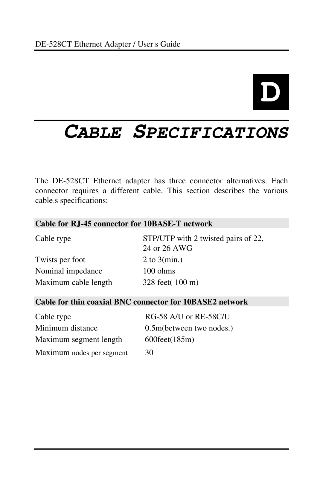 D-Link DE-528CT manual Cable Specifications, Cable for RJ-45 connector for 10BASE-T network 