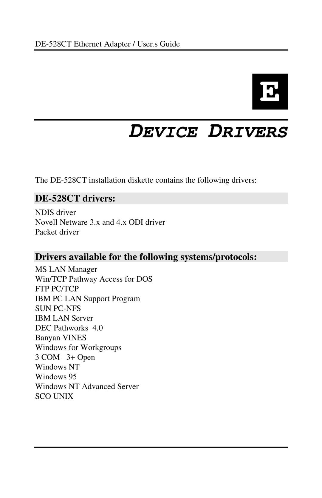 D-Link DE-528CT manual Device Drivers, Drivers available for the following systems/protocols 