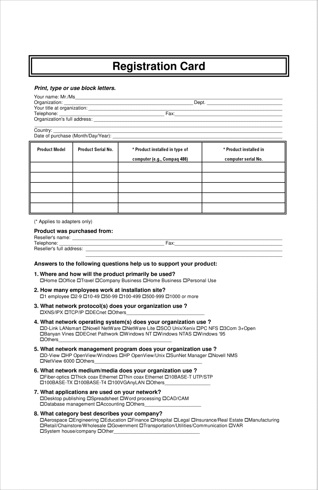 D-Link DE-528CT manual Registration Card 