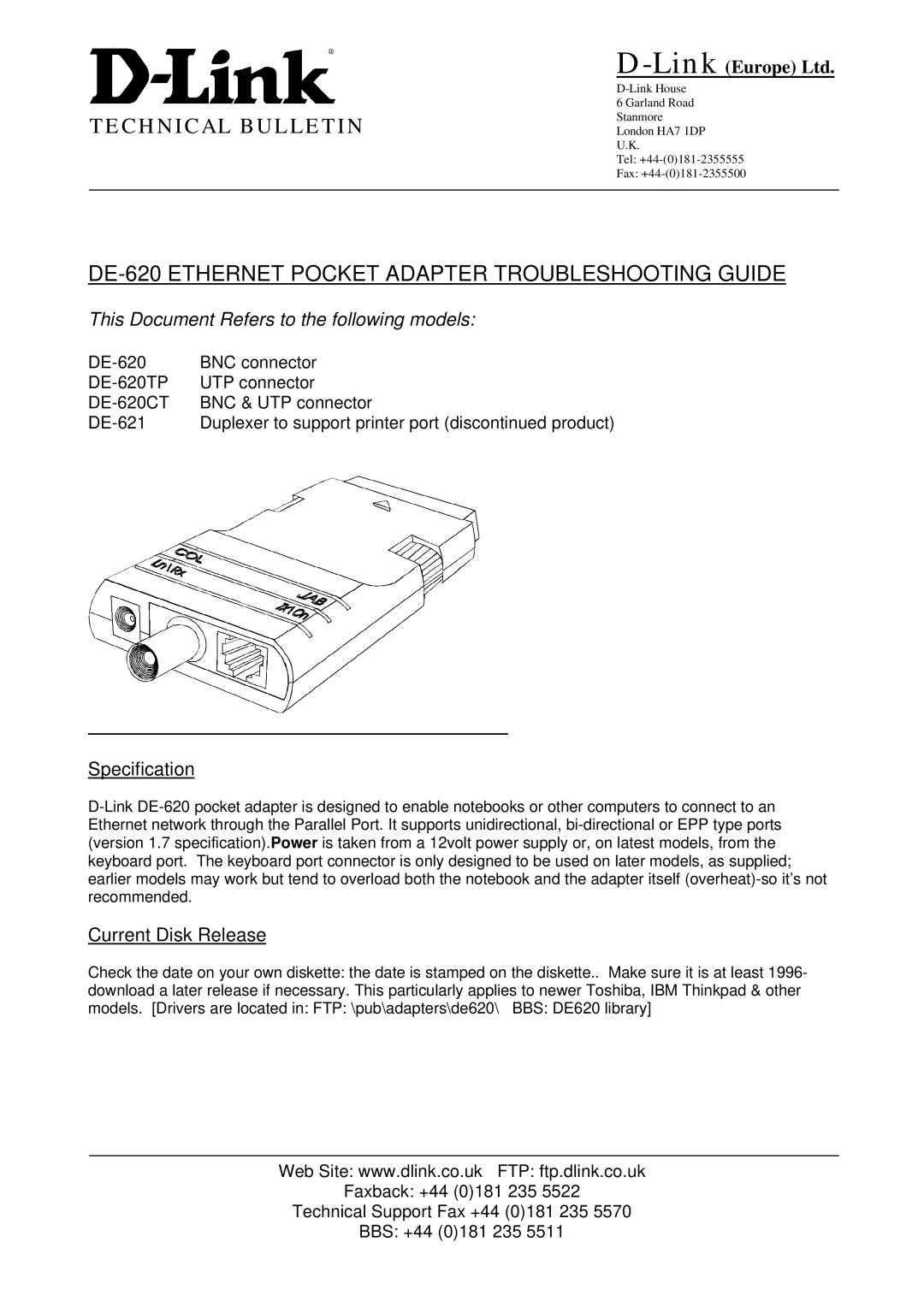 D-Link DE-621, DE-620TP, DE-620CT manual Specification, Current Disk Release 