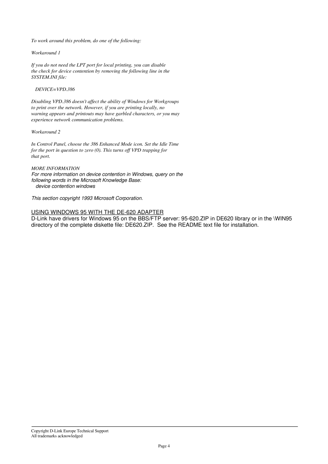 D-Link DE-621, DE-620TP, DE-620CT manual Using Windows 95 with the DE-620 Adapter, DEVICE=VPD.386, More Information 