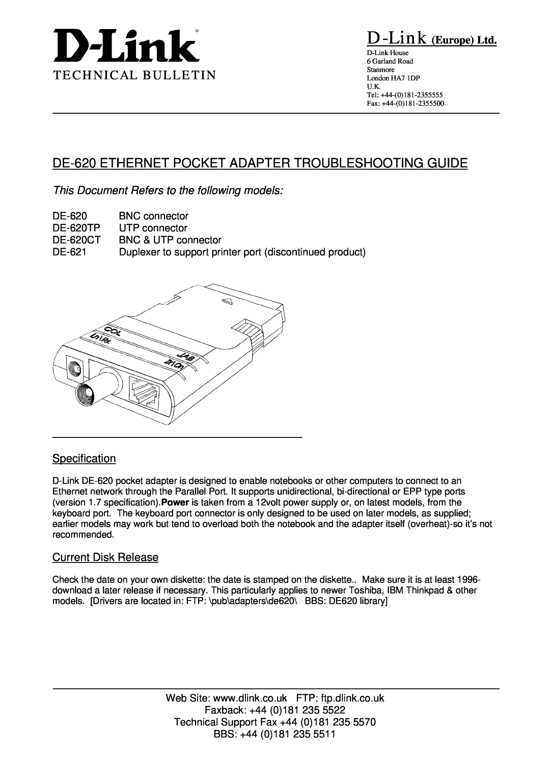 D-Link DE-620 manual Specification, Current Disk Release, Technical Bulletin, This Document Refers to the following models 