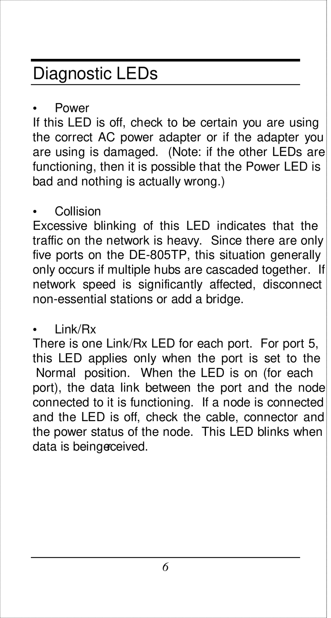 D-Link DE-805TP manual Diagnostic LEDs, ∙ Power 