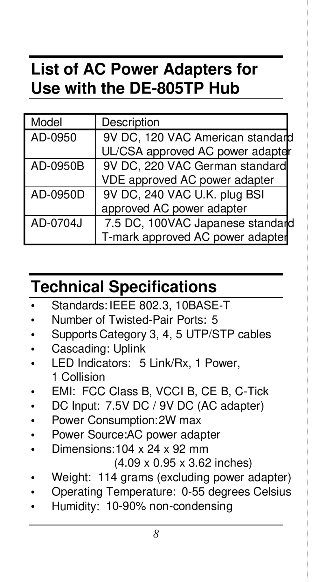 D-Link manual Technical Specifications, List of AC Power Adapters for Use with the DE-805TP Hub 