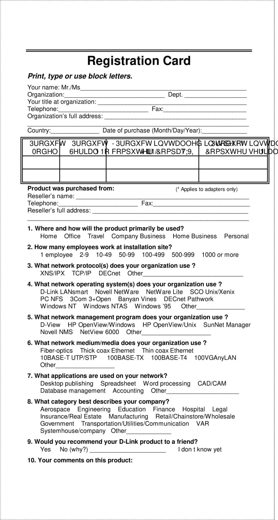 D-Link DE-805TP manual Registration Card 