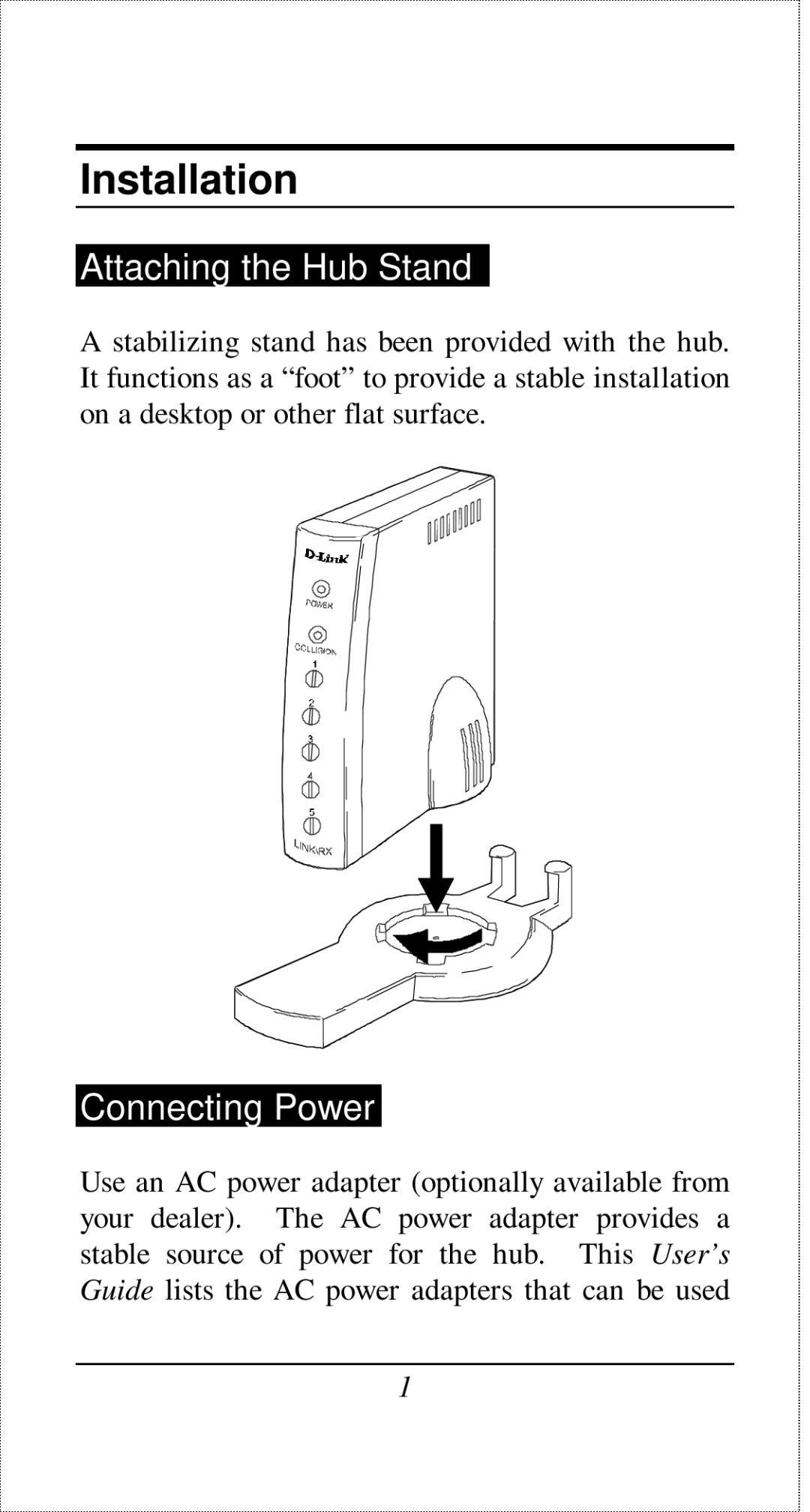 D-Link DE-805TP manual Installation, Attaching the Hub Stand 