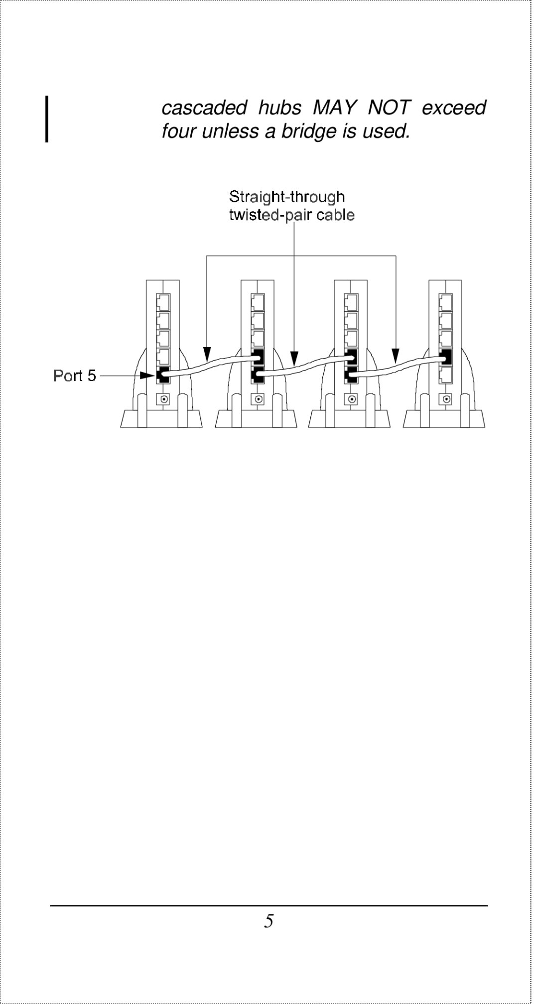 D-Link DE-805TP manual Cascaded hubs MAY not exceed four unless a bridge is used 