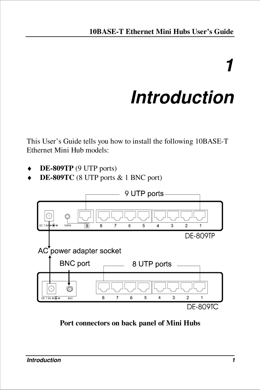 D-Link DE-809TC, DE-809TP manual 10BASE-T Ethernet Mini Hubs User’s Guide, Port connectors on back panel of Mini Hubs 