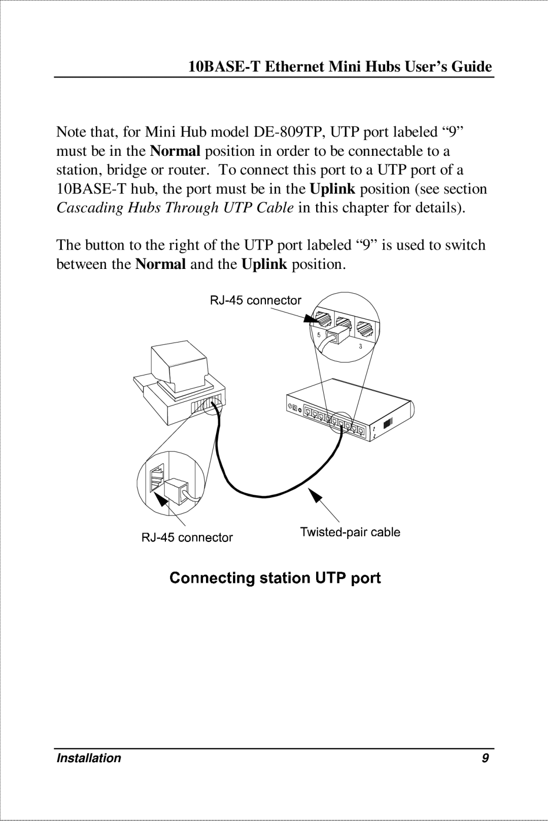 D-Link DE-809TC, DE-809TP manual 10BASE-T Ethernet Mini Hubs User’s Guide 