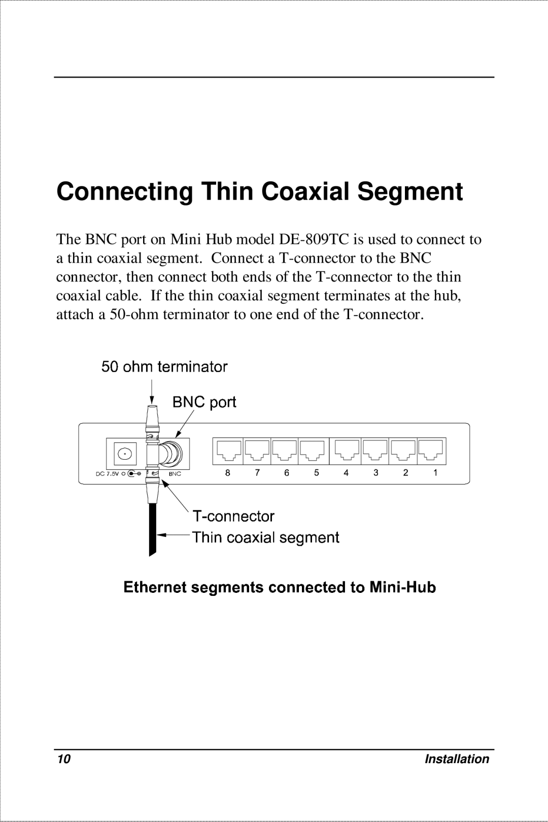 D-Link DE-809TP, DE-809TC manual Connecting Thin Coaxial Segment 