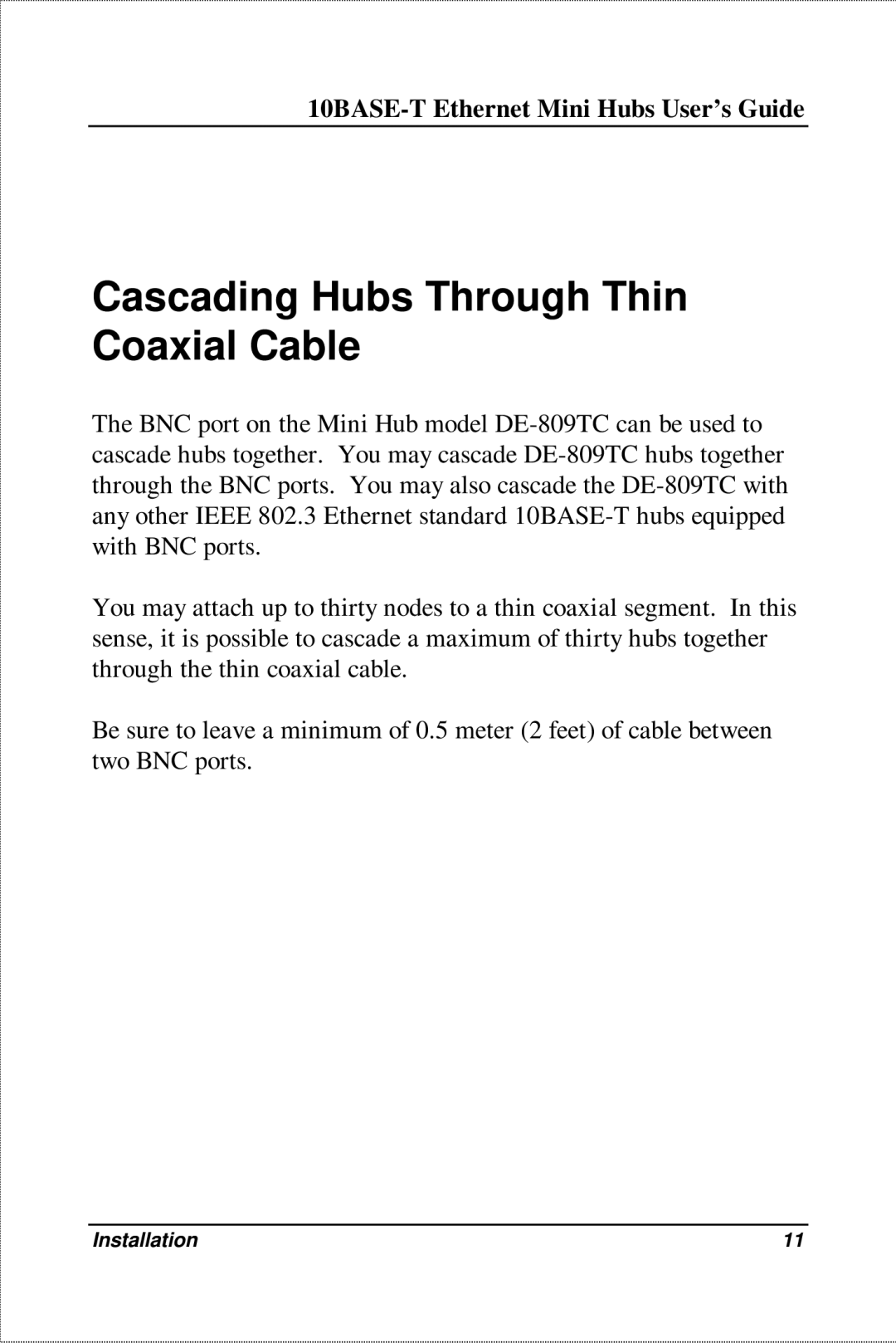 D-Link DE-809TC, DE-809TP manual Cascading Hubs Through Thin Coaxial Cable 