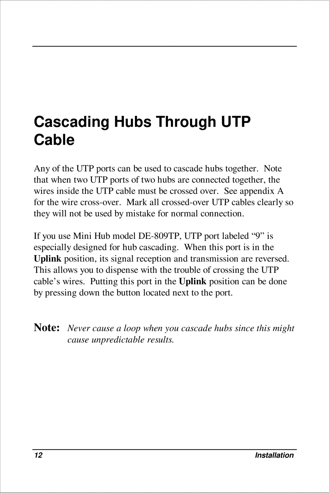 D-Link DE-809TP, DE-809TC manual Cascading Hubs Through UTP Cable 