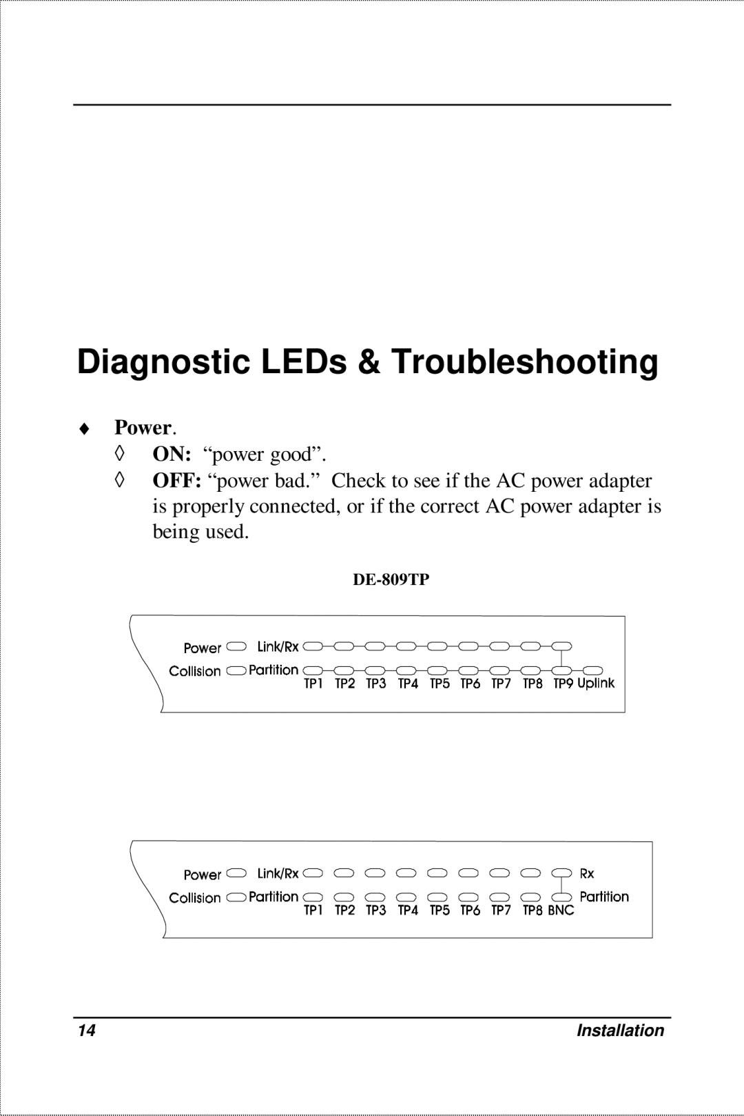 D-Link DE-809TP, DE-809TC manual Diagnostic LEDs & Troubleshooting, Power 