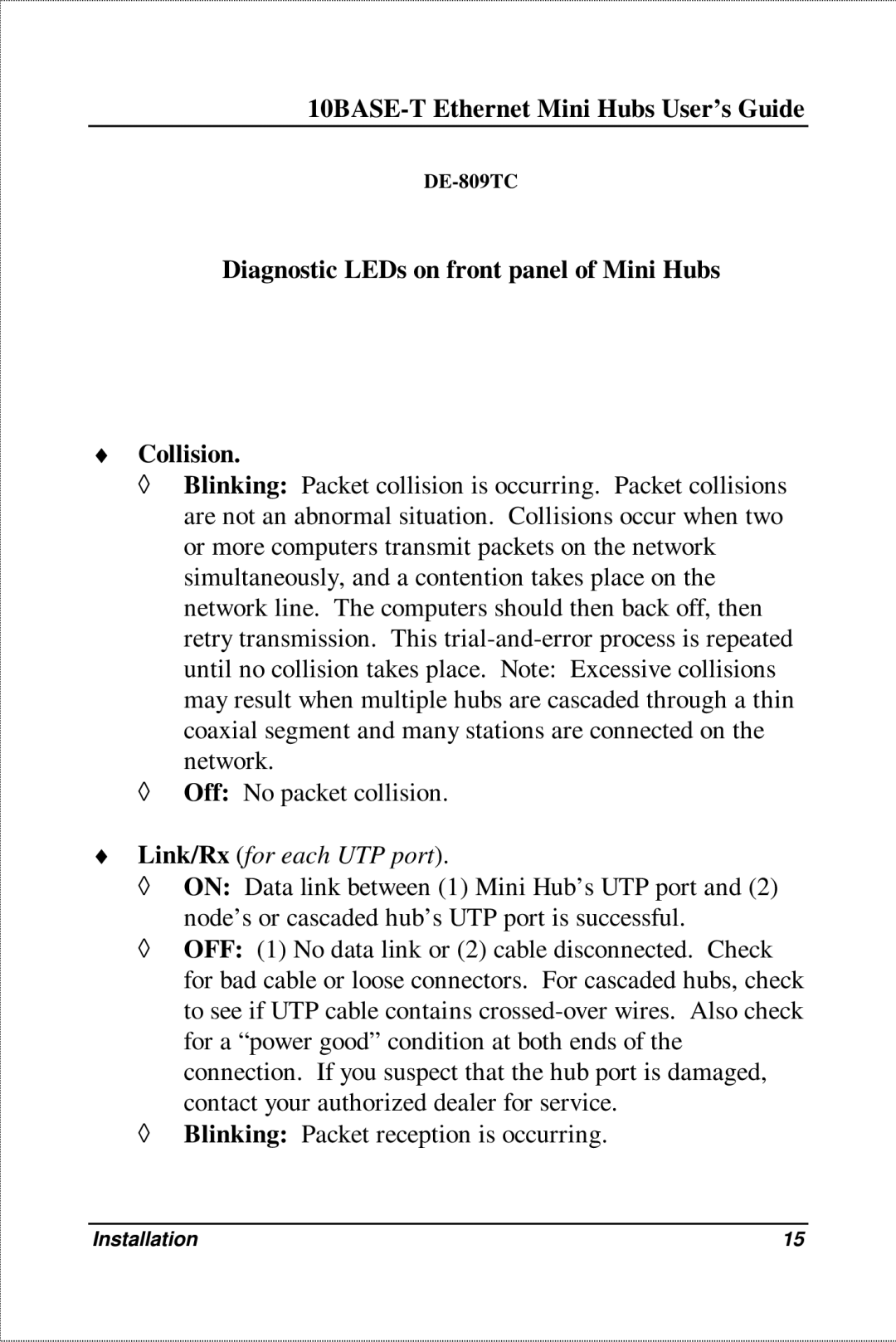 D-Link DE-809TC, DE-809TP manual Diagnostic LEDs on front panel of Mini Hubs Collision, Link/Rx for each UTP port 