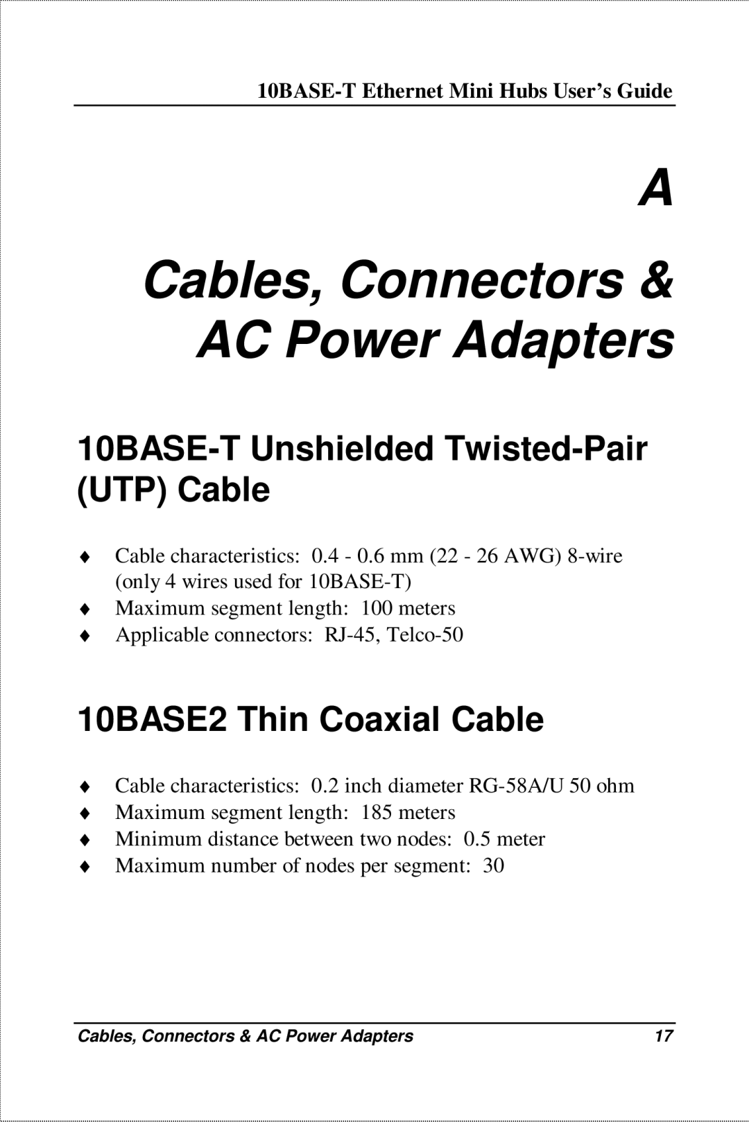 D-Link DE-809TC, DE-809TP manual 10BASE-T Unshielded Twisted-Pair UTP Cable, 10BASE2 Thin Coaxial Cable 