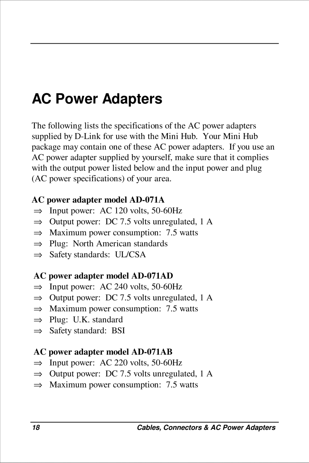 D-Link DE-809TP, DE-809TC manual AC Power Adapters, AC power adapter model AD-071AD, AC power adapter model AD-071AB 