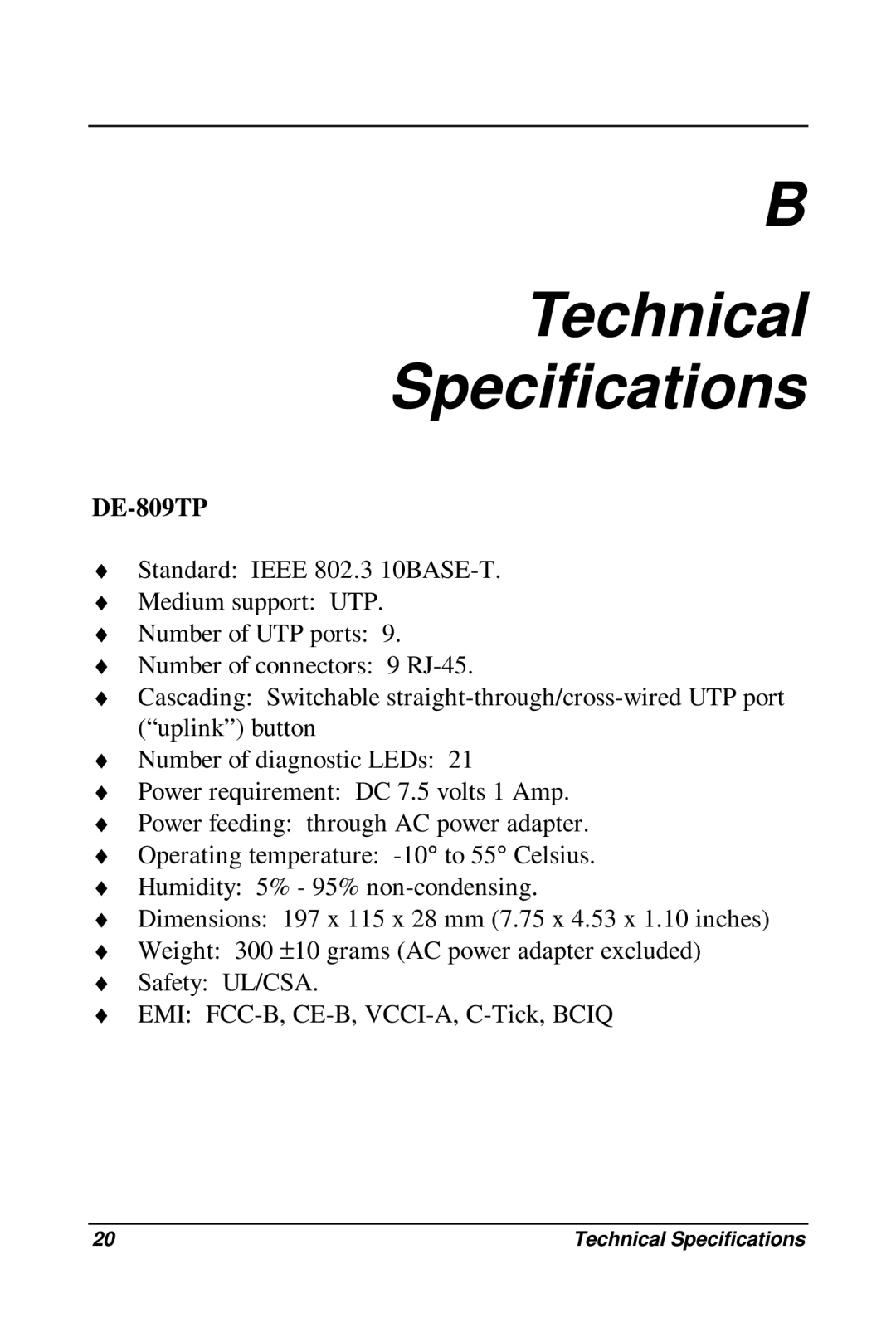 D-Link DE-809TP, DE-809TC manual Technical Specifications 